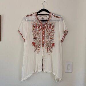 Johnny Was White and Orange Embroidered Blouse